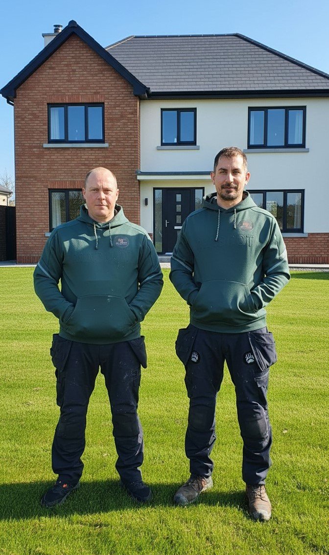The HomeYourWay installation team — two experienced fitters in front of a completed home